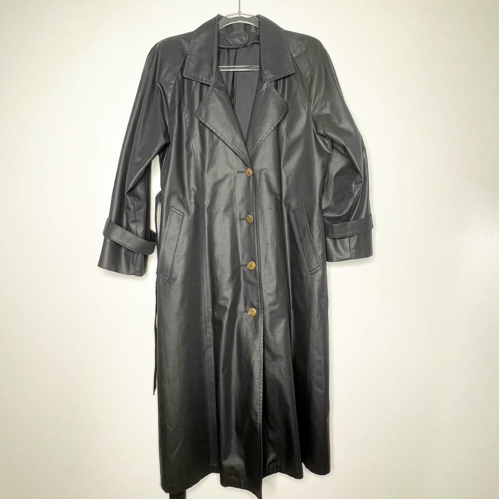 LONDON FOG Black Belted Trench Coat Water Repellent Jacket Women 8 Petite